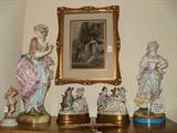 Continental Porcelain pieces, framed etching