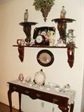 Wood sconces, figurines, bone china flowers, Limoges hand painted plate