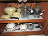 Vintage Harvest Gold Club Aluminum, Pyrex double boiler set, etc