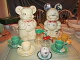 Vintage turn-about cookie jars, Vintage Fiesta stick handle demitasse cups/saucers