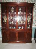 Baker Breakfront China Cabinet with porcelain birds, Hull pottery, etc.