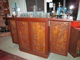 Carved wood fold-out bar w/ bar ware galore !