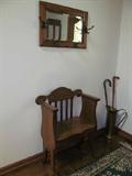 Antique oak hall bench, hat rack mirror, walking canes
