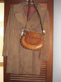 Retro suede coat, Hippie tooled leather purse 70's