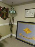 Vintage handing stained glass lamp, antique wood crutches, large shadow
box framed flag