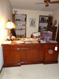 Executive desk, eel skin brief case, office supplies, misc.