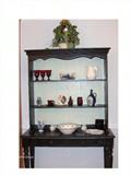 Painted hutch/table w/ crockery, glassware