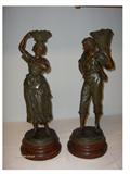 Bronzed spelter "Grape Pickers" statues appraised in 1999 as French after Rousseau last quarter of 19th C.