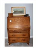 Oak drop-front desk w/ brass plate inside dated 1912