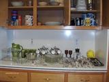 View of Kitchen items incl. misc. pieces of silverplate flatware, vintage glasses & Pitcher