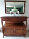 Nice Oak Server, electrified oil lamp with handpainted shade, Bristol glass vases