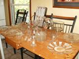 Misc. kitchen glassware, Pine top table