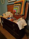 Mahogany blanket chest, quilts etc
