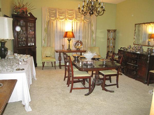 Mahogany Double Pedestal Dining Table w/ 1 leaf, covered with glass always, Ribbon back Chippendale chairs, Serpentine block front buffet, Biggs Corner Cabinet