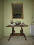 Unusual Oak  Parlor Table, Early American Pattern Glass Punch Bowl "Manhattan" Pattern w/ 24 Cups