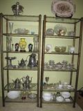 Two Retro Etegeres w/ glass shelves filled with Silver Overlay China Tea set, Yellow, Pigeon Blood, & Green Cloisonne Vases, Victorian Quad-Plate Brides Basket Holder, Crystal, Fenton, Johnson Bros. Large Turkey Platter.