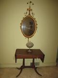 Mahogany Drop side table, metal & Gesso Mirror, Cut Glass Candy Dish