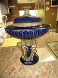 #66 - Pair of Antique Cobalt Urns - Procelain/Brass - 13" X 18" High