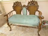 Magnificent Early Ornately Carved French Settee with original silk moriee
fabric