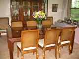 Fabulous Heritage Burled Wood Dining Room Set,
Table with 10 Chairs,
extensions & Pads