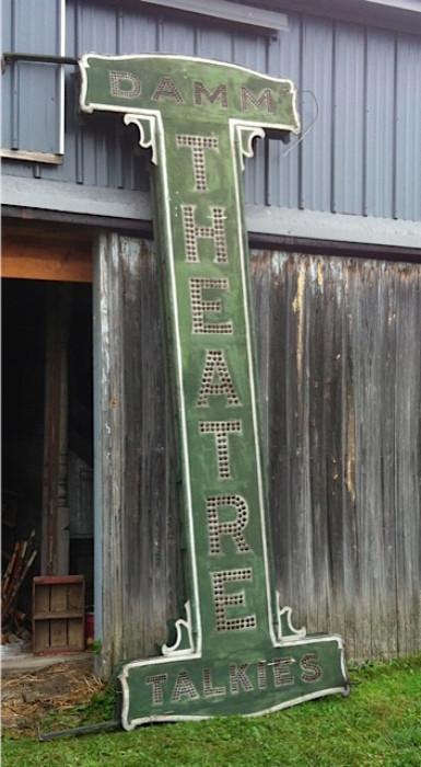 Original Damm Theatre Marquee, measures 11.5 feet tall, 4 feet wide at the top, 7 inches thick, Theatre 19 inches wide.