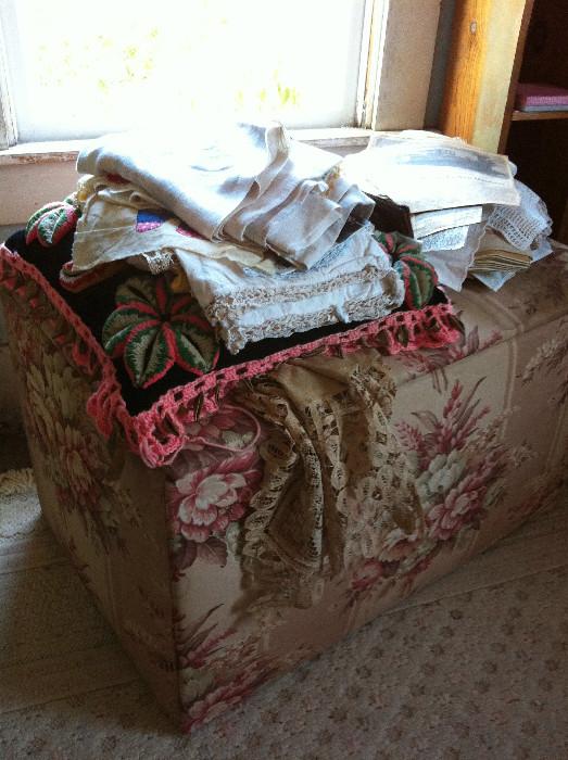 Trunk with vintage linens & more
