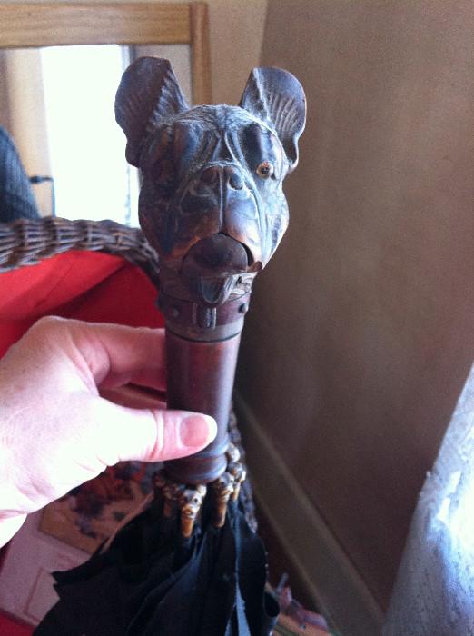 Wood Dog Umbrella with mechanical mouth, worn umbrella fabric