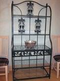 Large bakers rack, glass shelves, verdigris finish