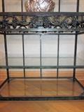 Large bakers rack, glass shelves, verdigris finish