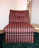 Three Smithe Craft, Pillow-Back, armless chairs with striped burgundy, dark green and cream fabric.