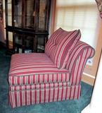 Three Smithe Craft, Pillow-Back, armless chairs with striped burgundy, dark green and cream fabric.