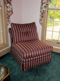 Three Smithe Craft, Pillow-Back, armless chairs with striped burgundy, dark green and cream fabric.