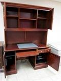 Solid computer wood desk with hutch by Hooker.  Lots of storage, slide out keyboard tray, CPU section and pull-out printer shelf.
