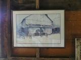 24" x 33" framed print of Amish buggies outside barn