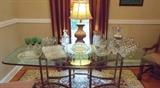 GORGEOUS LA BARGE 5/8" CRYSTAL OGEE EDGE AND BRASS BASE DINING TABLE