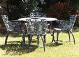 WROUGHT IRON ORNATE OUTDOOR TABLE AND CHAIRS