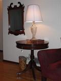 Antique, Duncan Phyfe lamp table with leather inset and drawer