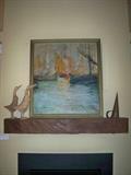 Vintage Oil on Canvas circa 1930's of Costal Harbor Scene, 