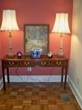 P.A. House inlaid mahogany 3 drawer sofa table,
