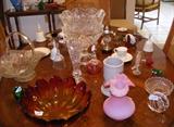 cut glas, satan glass, sandwich glass basket, collection of bells