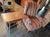 Striped upholstered chair, primitive end table and boxes