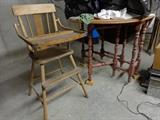 Primitive table, wooden high chair