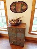 8-drawer primitive chest in buttermilk blue, hooked rug