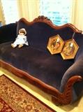                    antique Victorian blue velvet sofa 