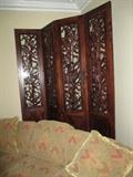 FOUR PANEL SCREEN WITH CARVED PANELS OF FOLIAGE
