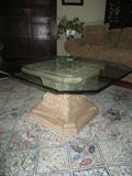 GLASS TOP COCKTAIL TABLE ON SINGLE PEDESTAL
ORNATE PEDESTAL
(rug not for sale)