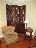 FOUR PANEL SCREEN WITH CARVED PANELS OF FOLIAGE WITH GLASS BACKING