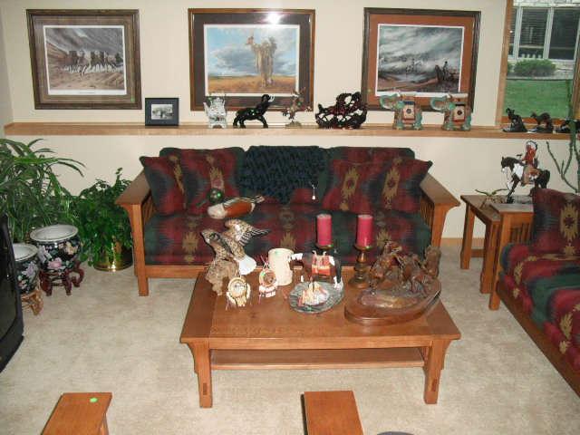 Bassett arts and crafts furniture (sofa, loveseat, chairs, end tables) and Les Kouba framed prints