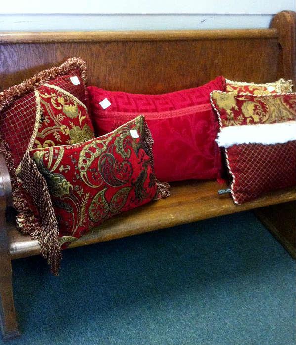 antique church pew, pillows