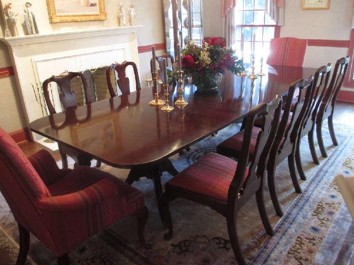 CUSTOM MADE FROM ENGLAND SINGLE BOARD CHERRY MOHOGANY 2 PEDESTAL TABLE.  10 WOODEN CHAIRS  AND 2 FABRIC CHAIRS